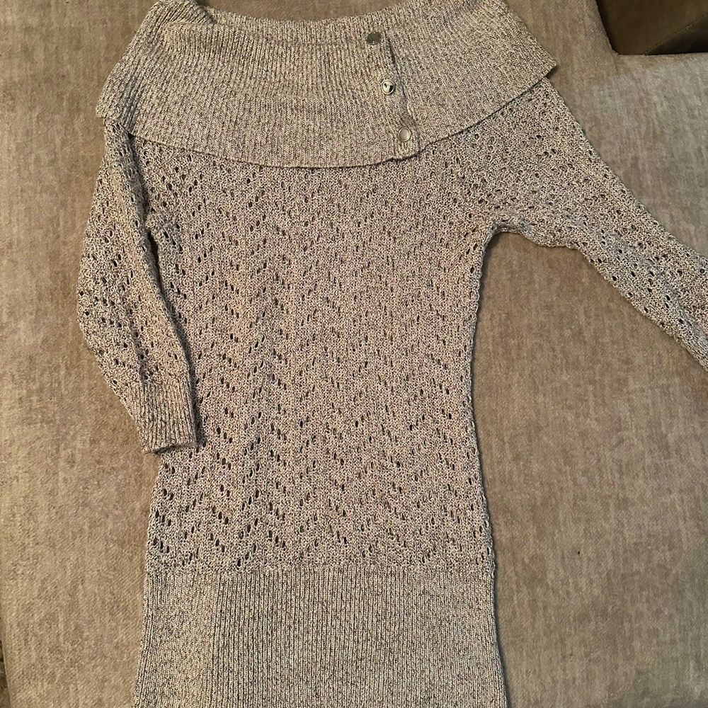 White House Black Market off shoulder knit tan and gold sparkle sweater